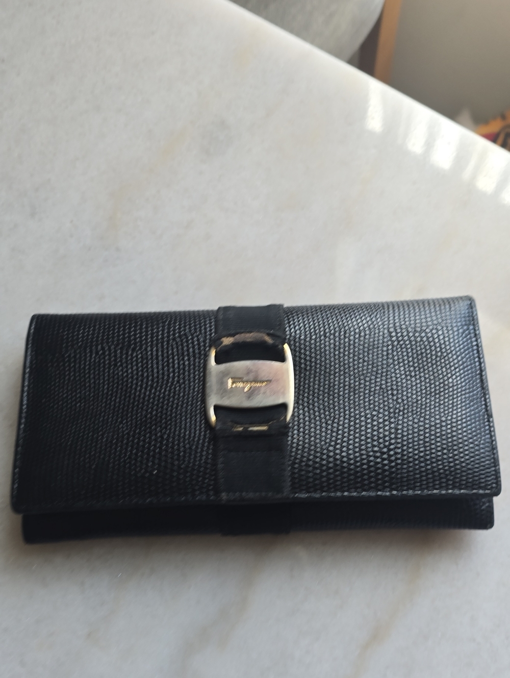 Salvatore Ferragamo Black Textured Leather Wallet with Gancini Detail